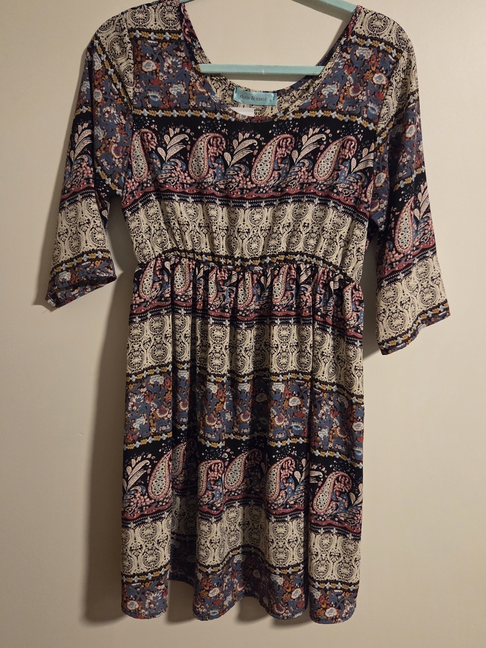 Chris & Carol Paisley-Print Long Sleeve Dress in Blue and Cream